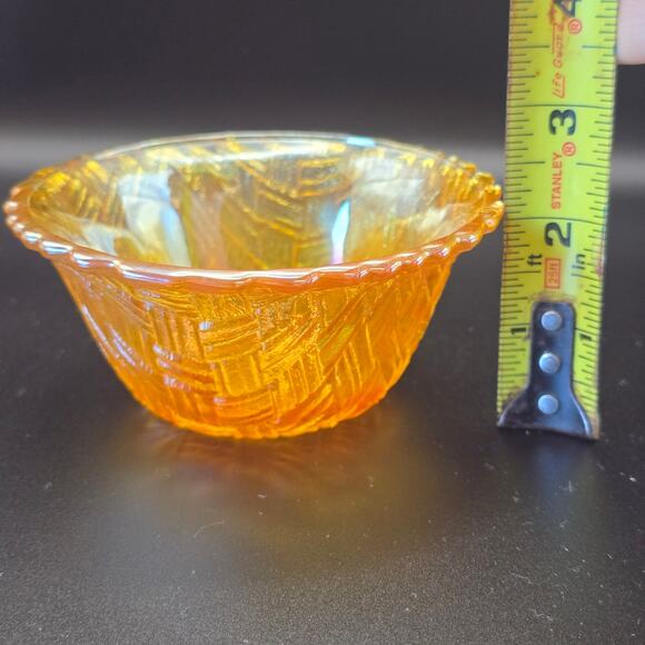 Retro Glass Bowl Marigold Iridescent Basket Weave Pattern Vintage Collectible - Picture 5 of 8